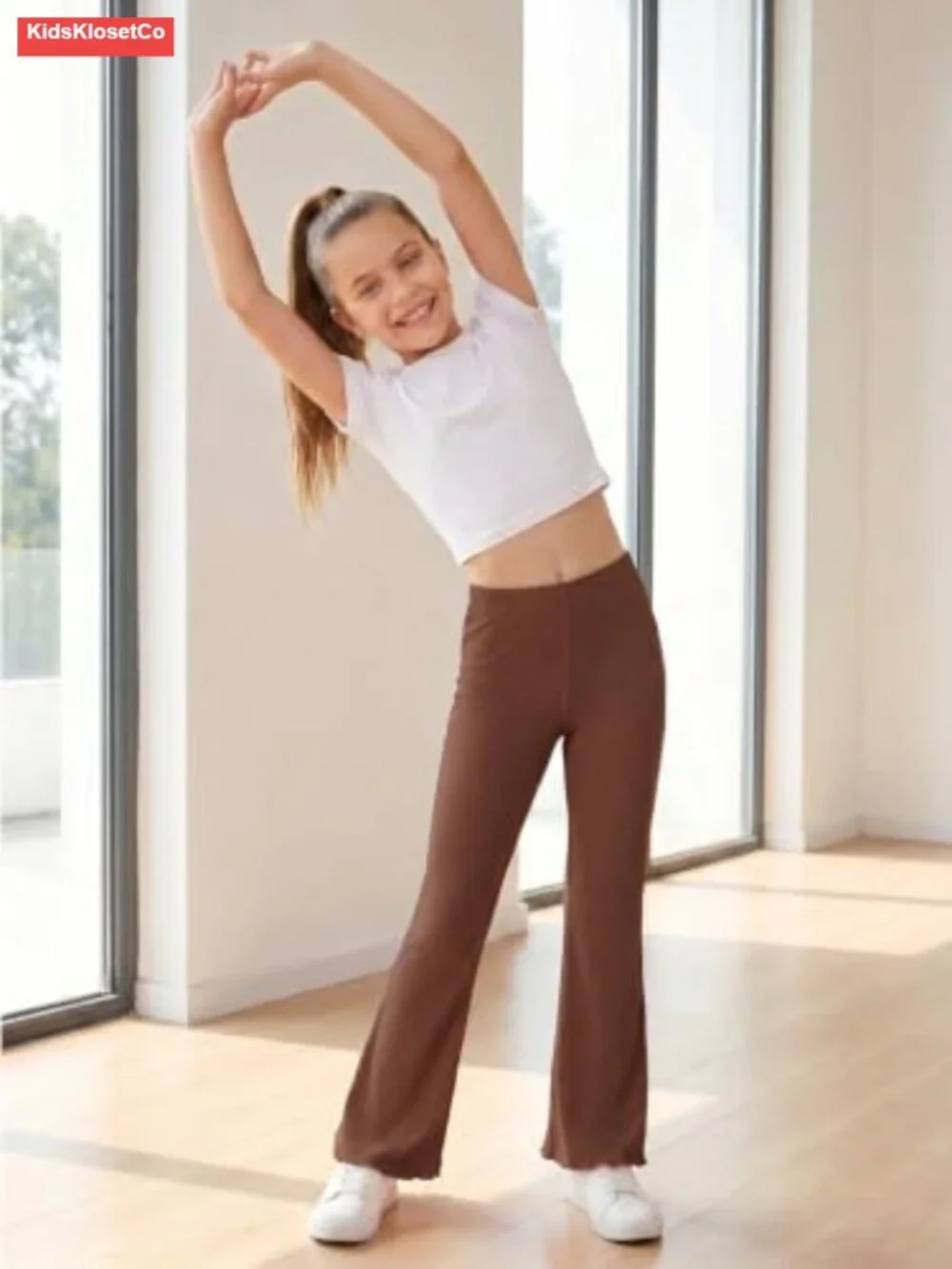Girls Ribbed Knit Flared Leggings High Waist Bell Bottom Pants